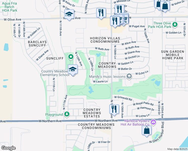 map of restaurants, bars, coffee shops, grocery stores, and more near 8421 North 108th Lane in Peoria
