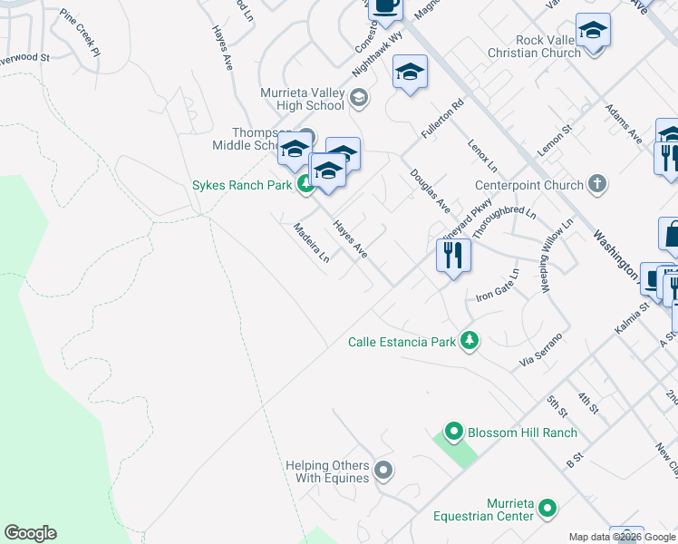map of restaurants, bars, coffee shops, grocery stores, and more near 24150 Madeira Lane in Murrieta