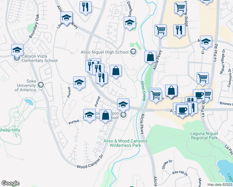 map of restaurants, bars, coffee shops, grocery stores, and more near 1 Matisse Circle in Aliso Viejo