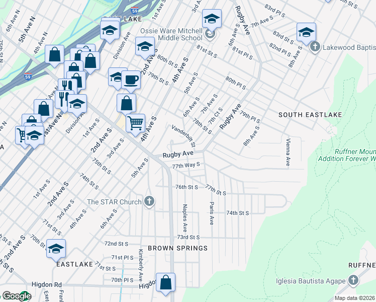 map of restaurants, bars, coffee shops, grocery stores, and more near 7715 7th Avenue South in Birmingham