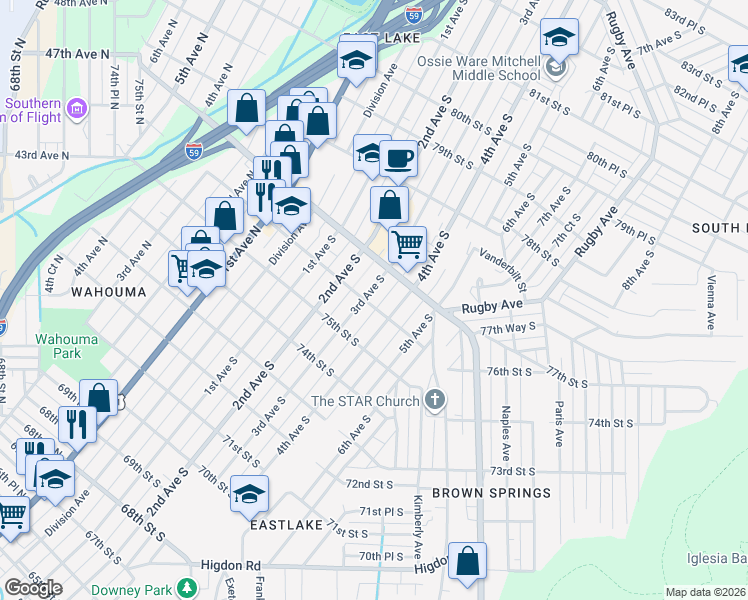 map of restaurants, bars, coffee shops, grocery stores, and more near 7616 3rd Avenue South in Birmingham