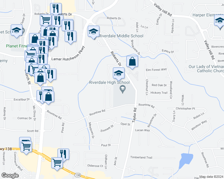 map of restaurants, bars, coffee shops, grocery stores, and more near 7232 Sandpiper Way in Riverdale