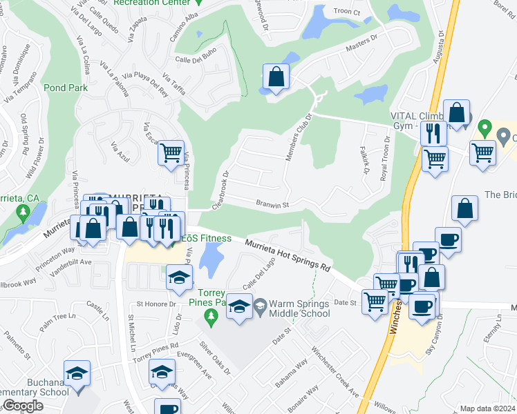 map of restaurants, bars, coffee shops, grocery stores, and more near 29281 Branwin Street in Murrieta