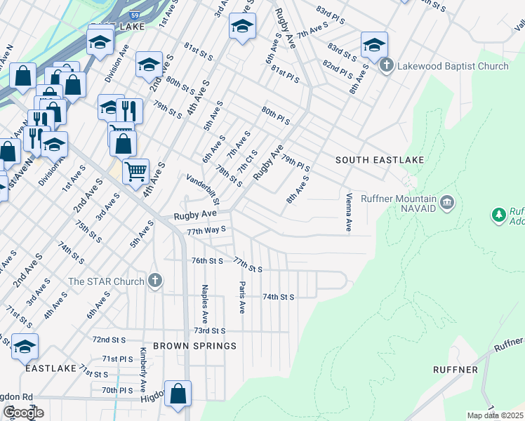 map of restaurants, bars, coffee shops, grocery stores, and more near 768 78th Street South in Birmingham