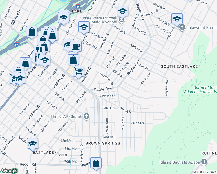 map of restaurants, bars, coffee shops, grocery stores, and more near 7715 7th Avenue South in Birmingham