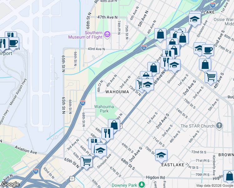 map of restaurants, bars, coffee shops, grocery stores, and more near 228 72nd Street North in Birmingham