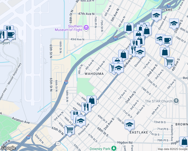 map of restaurants, bars, coffee shops, grocery stores, and more near 228 72nd Street North in Birmingham