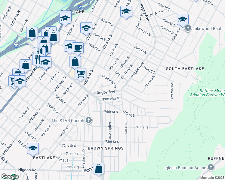map of restaurants, bars, coffee shops, grocery stores, and more near 7715 7th Avenue South in Birmingham