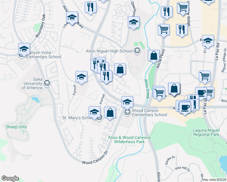 map of restaurants, bars, coffee shops, grocery stores, and more near 11 Gauguin Circle in Aliso Viejo