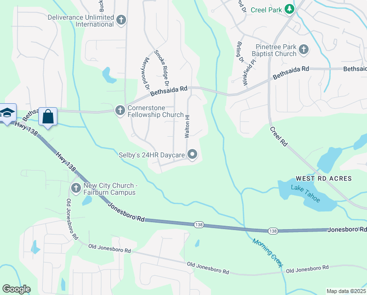 map of restaurants, bars, coffee shops, grocery stores, and more near 7367 Walton Hl in Fairburn