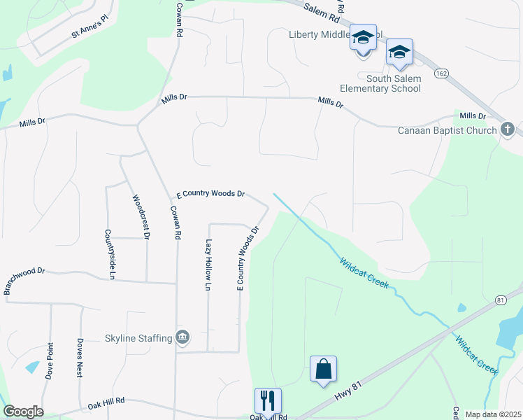 map of restaurants, bars, coffee shops, grocery stores, and more near 395 East Country Woods Drive in Covington