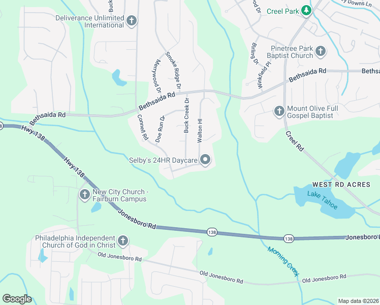 map of restaurants, bars, coffee shops, grocery stores, and more near 7275 Buck Creek Drive in Fairburn