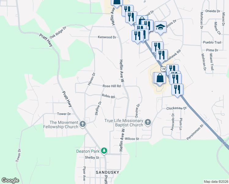 map of restaurants, bars, coffee shops, grocery stores, and more near 513 Rose Hill Road in Birmingham