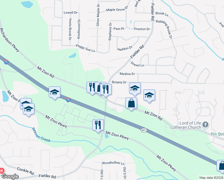 map of restaurants, bars, coffee shops, grocery stores, and more near 7212 Fielder Road in Jonesboro