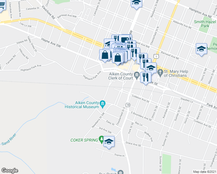 map of restaurants, bars, coffee shops, grocery stores, and more near 237 Laurens Street Southwest in Aiken