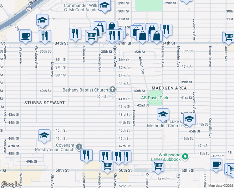 map of restaurants, bars, coffee shops, grocery stores, and more near 4401-4405 39th Street in Lubbock