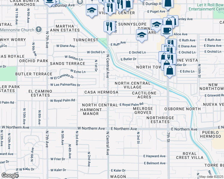 map of restaurants, bars, coffee shops, grocery stores, and more near 8402C North Central Avenue in Phoenix