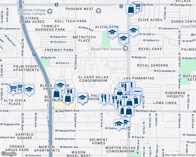 map of restaurants, bars, coffee shops, grocery stores, and more near 8231 North 21st Drive in Phoenix