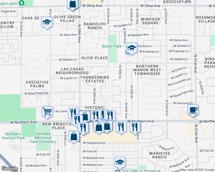 map of restaurants, bars, coffee shops, grocery stores, and more near 8341 North 57th Drive in Glendale