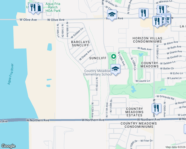 map of restaurants, bars, coffee shops, grocery stores, and more near 11190 West Echo Lane in Peoria