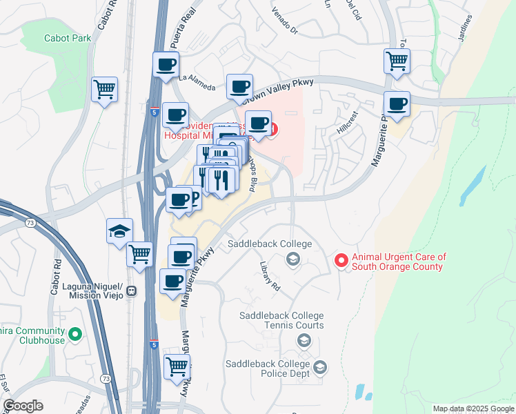 map of restaurants, bars, coffee shops, grocery stores, and more near 28032 Marguerite Pkwy in Mission Viejo