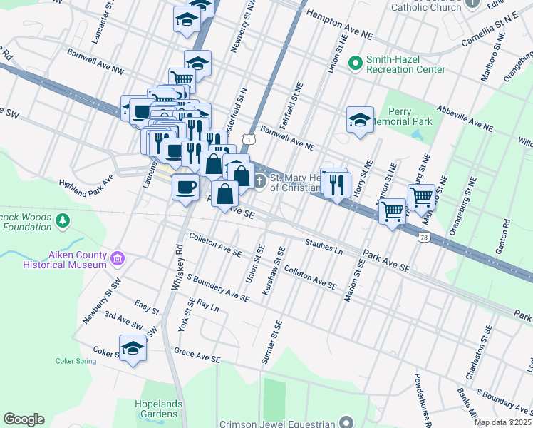 map of restaurants, bars, coffee shops, grocery stores, and more near 300 Park Avenue Southeast in Aiken