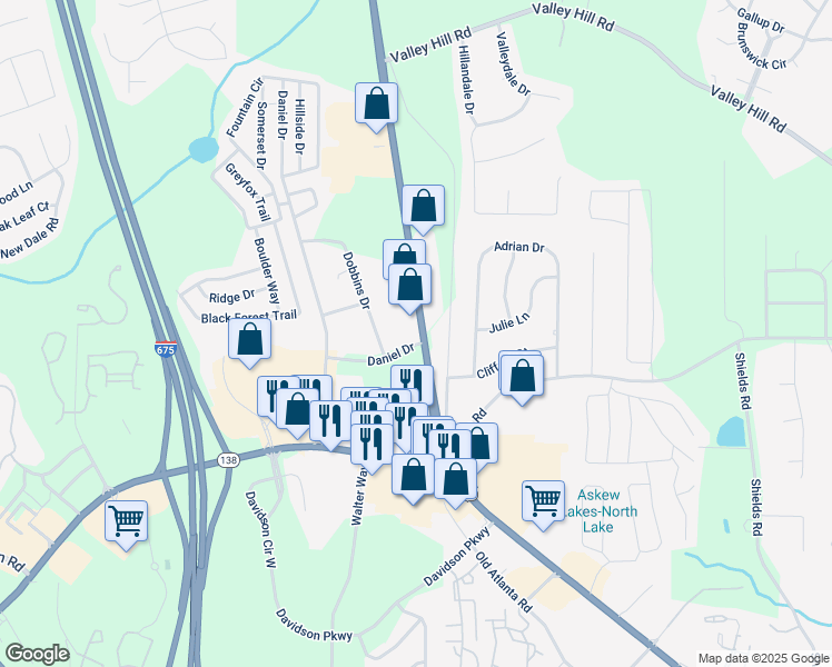 map of restaurants, bars, coffee shops, grocery stores, and more near 5701 North Henry Boulevard in Stockbridge