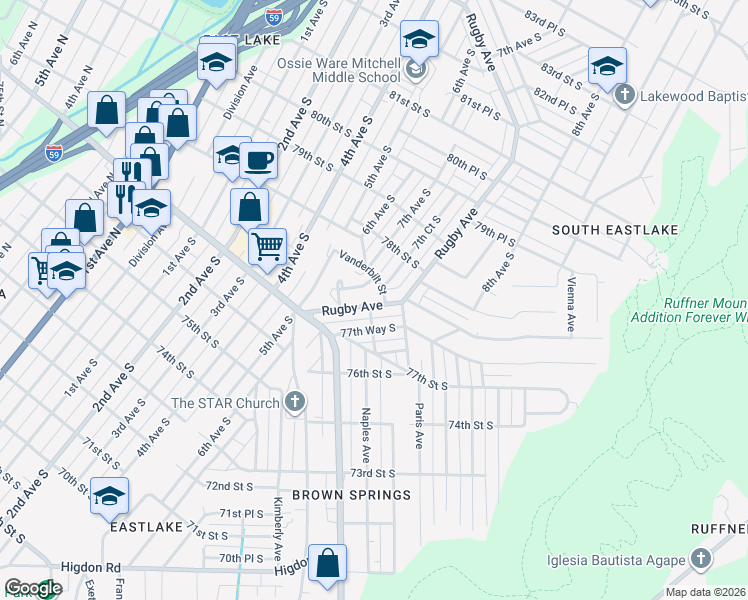 map of restaurants, bars, coffee shops, grocery stores, and more near 7715 7th Avenue South in Birmingham