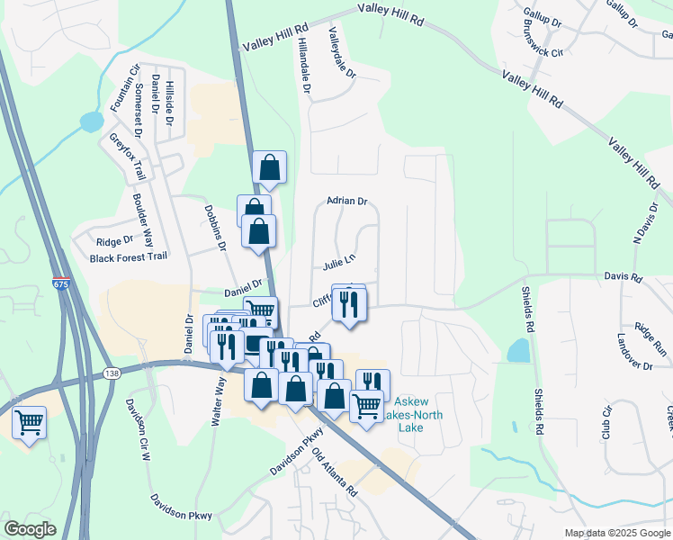 map of restaurants, bars, coffee shops, grocery stores, and more near 119 Julie Lane in Stockbridge