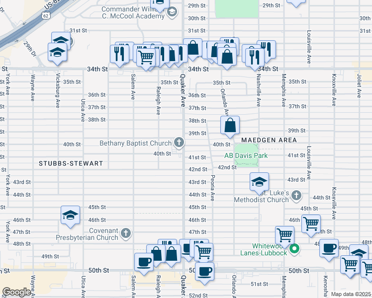 map of restaurants, bars, coffee shops, grocery stores, and more near 4401-4405 39th Street in Lubbock