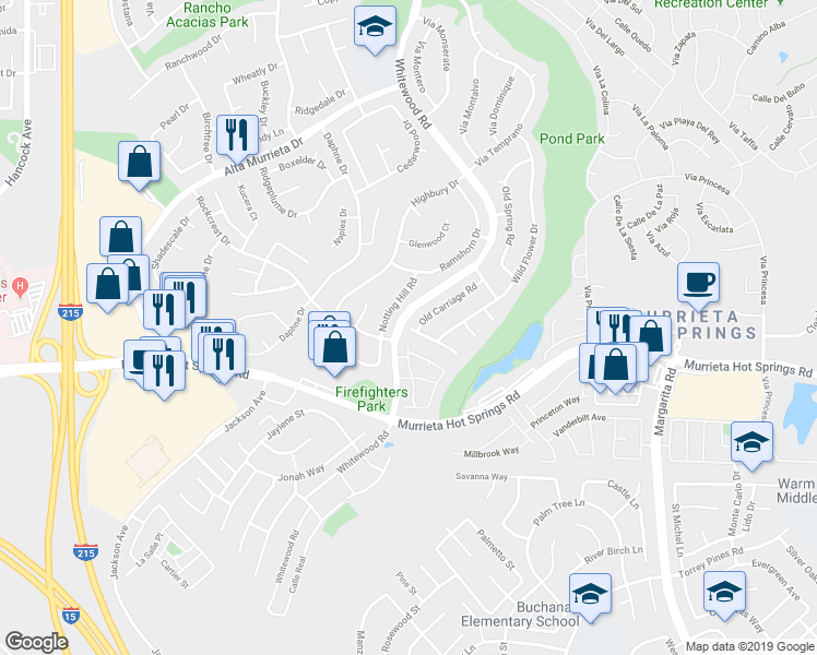 map of restaurants, bars, coffee shops, grocery stores, and more near 24205 Summer Hill Court in Murrieta