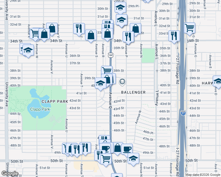 map of restaurants, bars, coffee shops, grocery stores, and more near 4008 Avenue Q in Lubbock