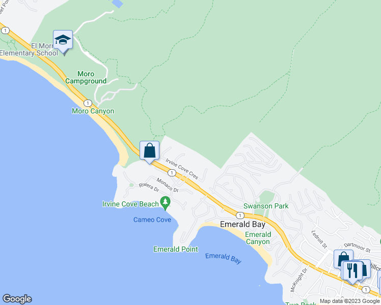 map of restaurants, bars, coffee shops, grocery stores, and more near 140 Irvine Cove Circle in Laguna Beach