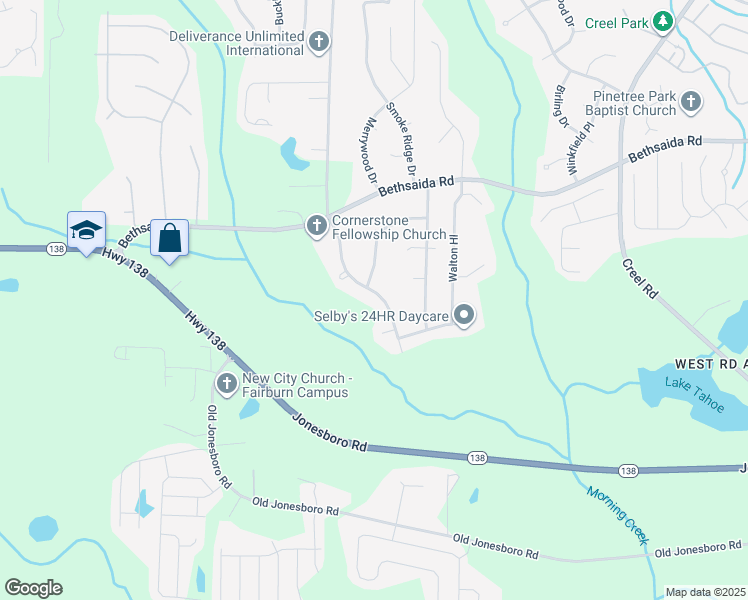 map of restaurants, bars, coffee shops, grocery stores, and more near 7335 Connell Road in Fairburn