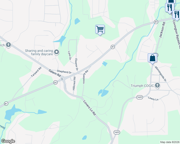 map of restaurants, bars, coffee shops, grocery stores, and more near 49 roseberry road in Covington