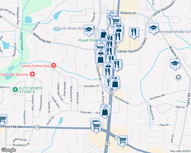 map of restaurants, bars, coffee shops, grocery stores, and more near 7200 Church Street in Riverdale
