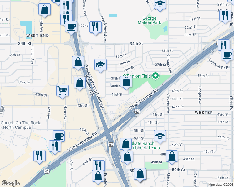 map of restaurants, bars, coffee shops, grocery stores, and more near 5704 41st Street in Lubbock