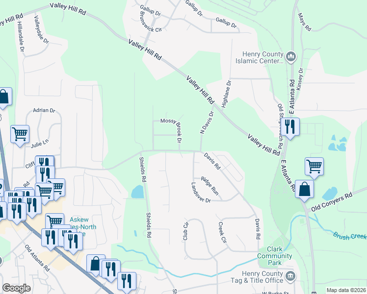 map of restaurants, bars, coffee shops, grocery stores, and more near 104 Mossy Brook Drive in Stockbridge