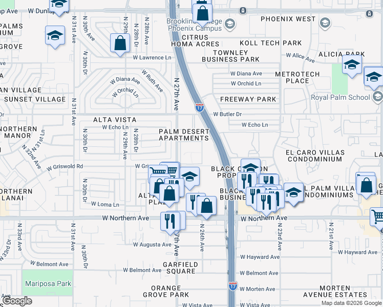 map of restaurants, bars, coffee shops, grocery stores, and more near 8245 North 27th Avenue in Phoenix