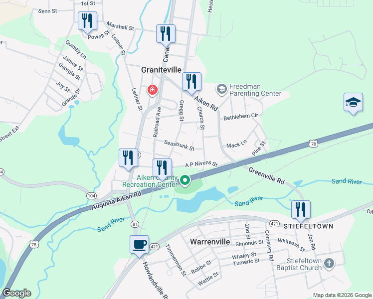 map of restaurants, bars, coffee shops, grocery stores, and more near 101 Brooks Street in Graniteville