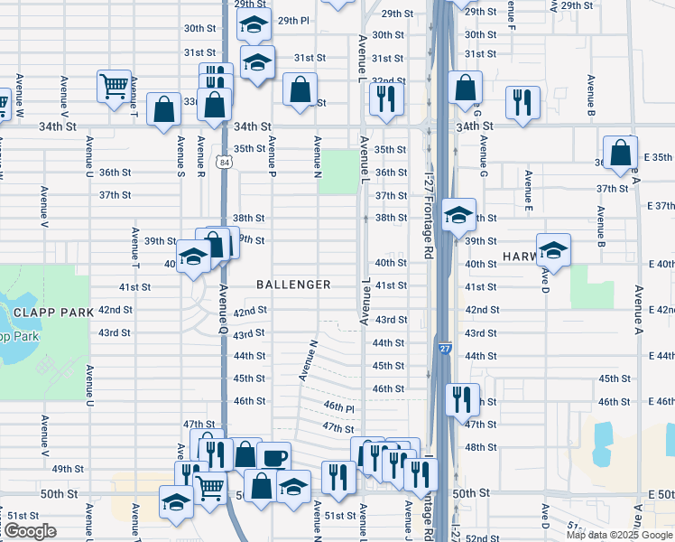 map of restaurants, bars, coffee shops, grocery stores, and more near 1310 40th Street in Lubbock