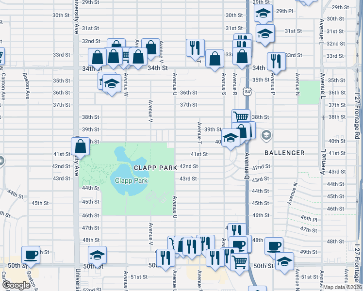map of restaurants, bars, coffee shops, grocery stores, and more near 2010 40th Street in Lubbock
