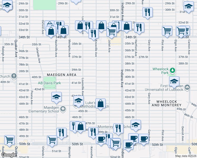 map of restaurants, bars, coffee shops, grocery stores, and more near 3520 40th Street in Lubbock