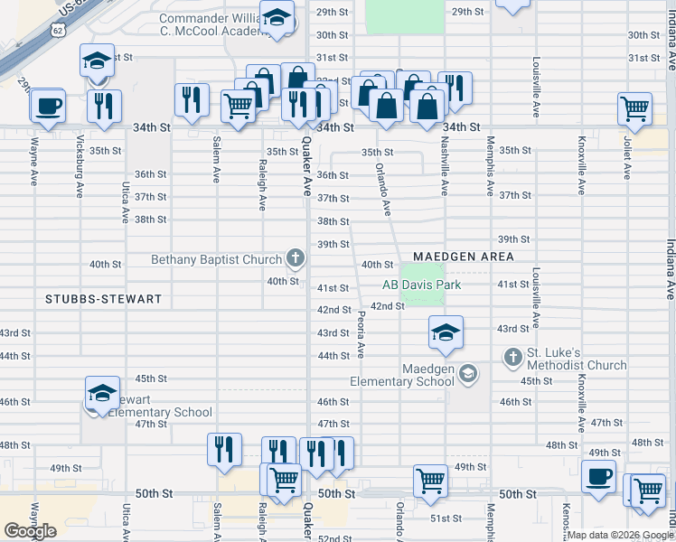 map of restaurants, bars, coffee shops, grocery stores, and more near 4308 40th Street in Lubbock