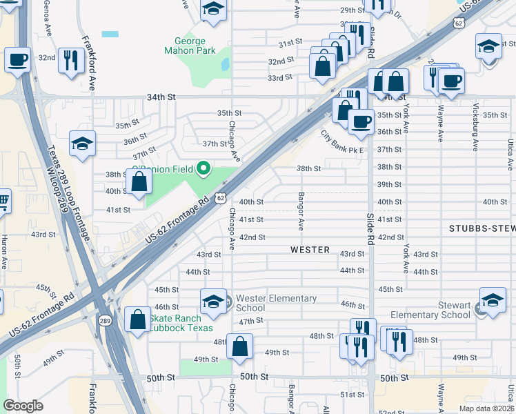 map of restaurants, bars, coffee shops, grocery stores, and more near 5428 39th Drive in Lubbock
