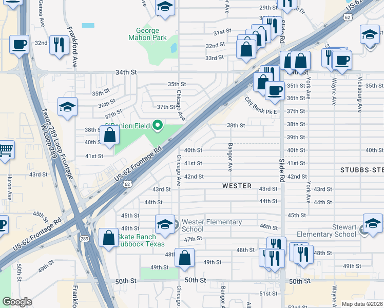 map of restaurants, bars, coffee shops, grocery stores, and more near 5428 39th Drive in Lubbock