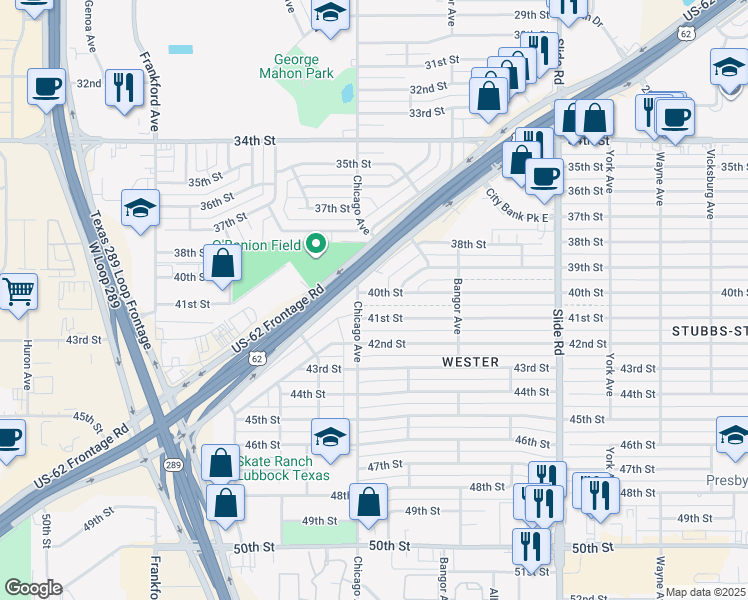 map of restaurants, bars, coffee shops, grocery stores, and more near 5438 40th Street in Lubbock