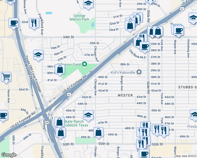 map of restaurants, bars, coffee shops, grocery stores, and more near 5438 40th Street in Lubbock