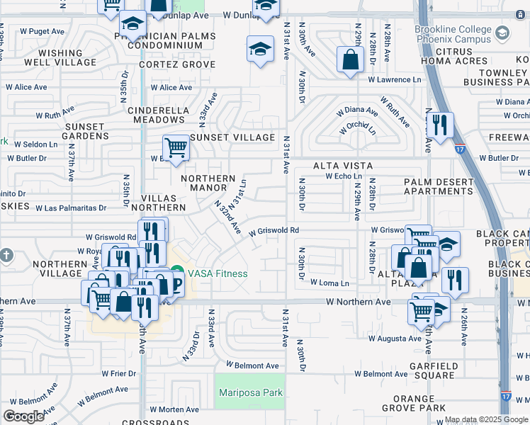 map of restaurants, bars, coffee shops, grocery stores, and more near 3119 West El Caminito Drive in Phoenix