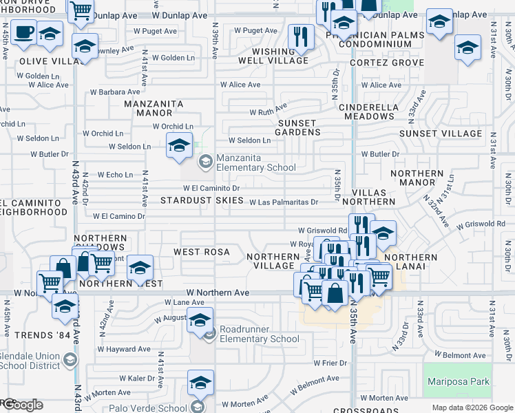 map of restaurants, bars, coffee shops, grocery stores, and more near 3732 West Las Palmaritas Drive in Phoenix